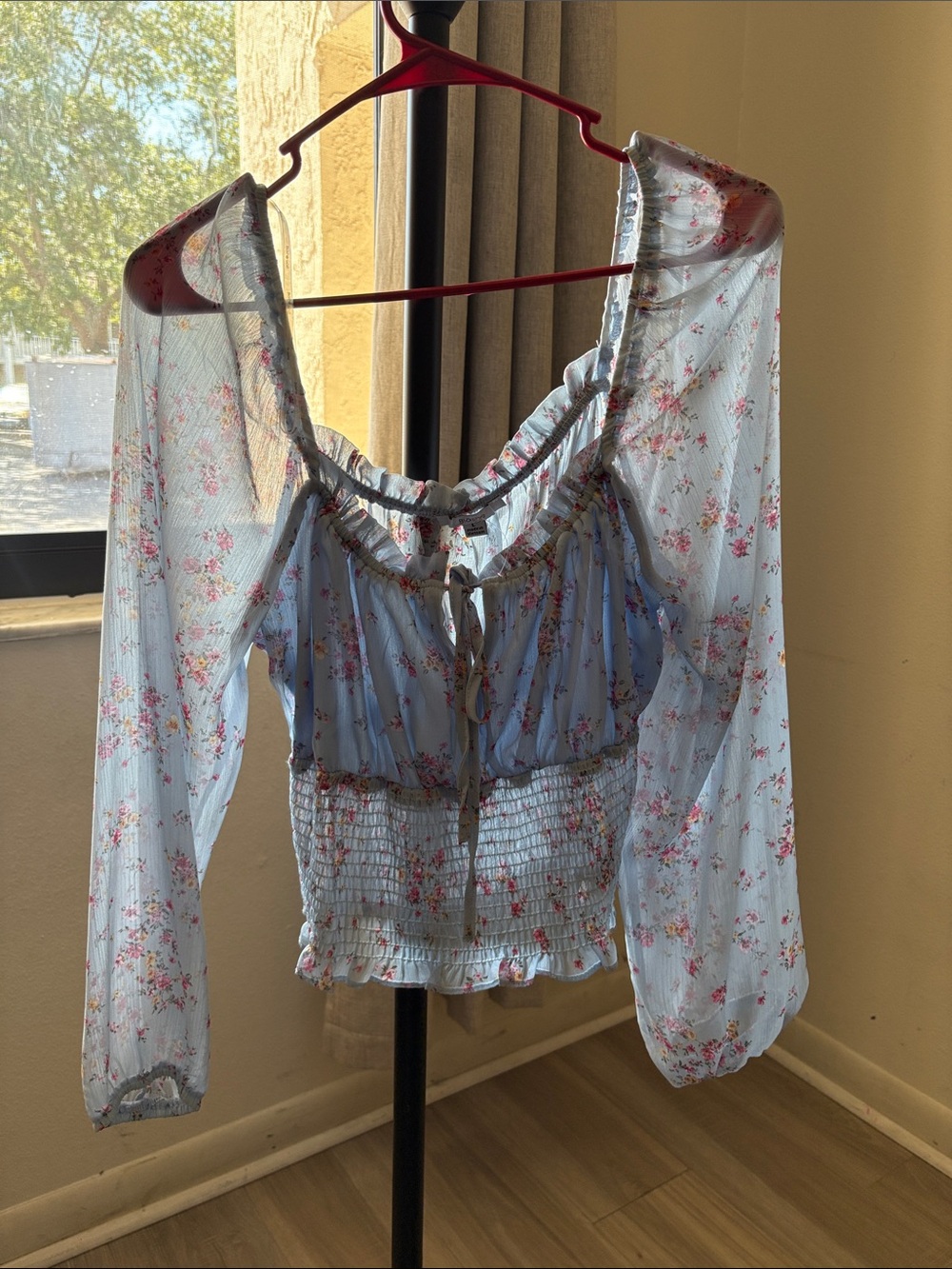 Blue Floral Smocked Tie-Front Peasant Blouse